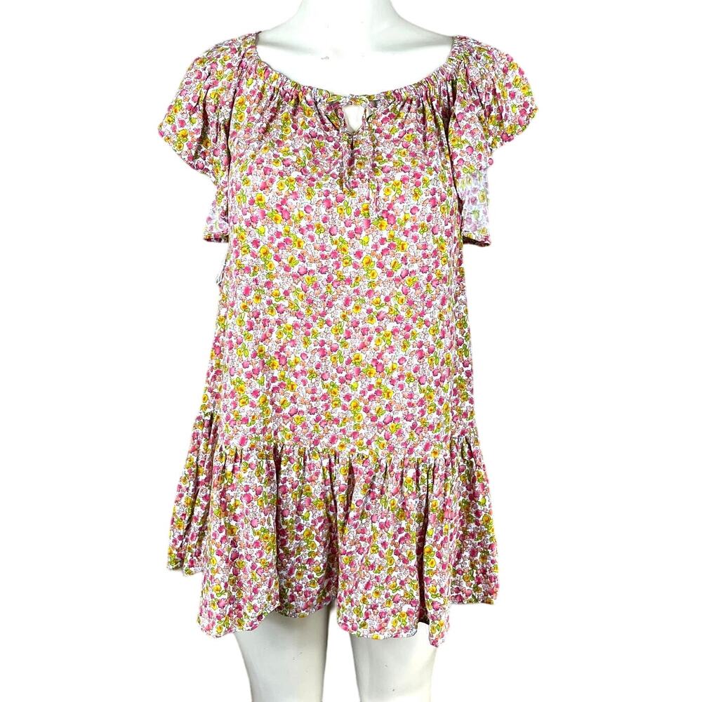 Rachel Zoe Floral Tunic Mini Dress Drop Waist Flutter Sleeve SZ XS